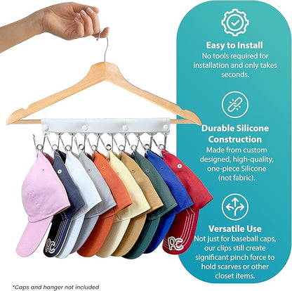 Perfect Curve Baseball Cap Hanger Hat Rack - Store 20 Caps with Clips, Silicone & Metal, White, 2-Pack