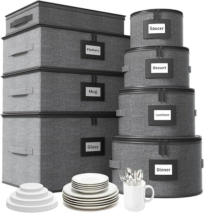 Aokeyee 8-Piece China Storage Containers Set, Hard Shell Moving Boxes for Dishes, Plates, Mugs, Wine Glass & Flatware – Dinnerware Organizer with Soft Felt Dividers, Sturdy Handles & Zippers, Grey
