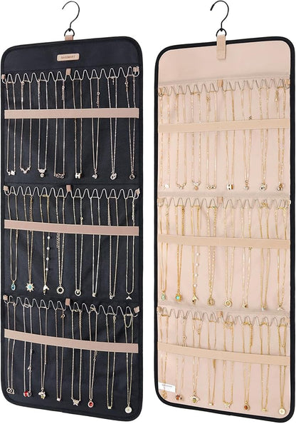 BAGSMART Hanging Necklaces Organizer Jewelry Holder Storage Roll with Hanger Metal Hooks Double-Sided Jewelry Organizer for Necklaces, Bracelets on Closet, Wall, Door, 1 piece, Large Black