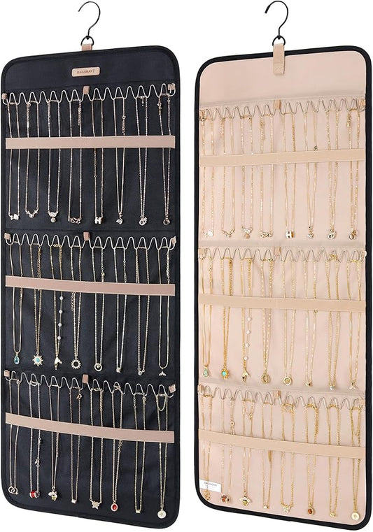 BAGSMART Hanging Necklaces Organizer Jewelry Holder Storage Roll with Hanger Metal Hooks Double-Sided Jewelry Organizer for Necklaces, Bracelets on Closet, Wall, Door, 1 piece, Large Black