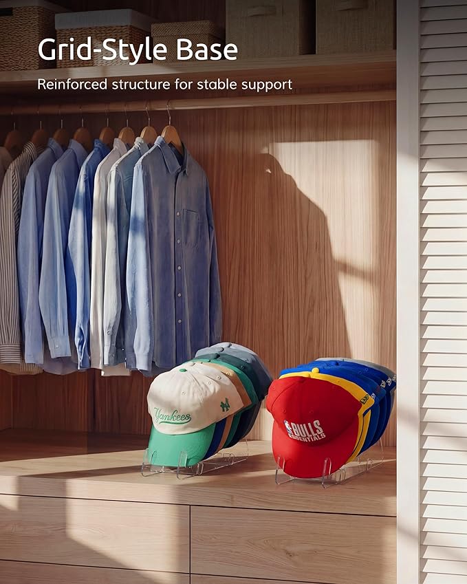 Ozueccr Baseball Hat Stand for Tabletop - 2 Pack, Adjustable Width, Holds Up to 14 Hats, 9mm Wide Brim Groove, Rounded Edges with Footpads, Cap Organizer for Closet, Dresser, Bedroom