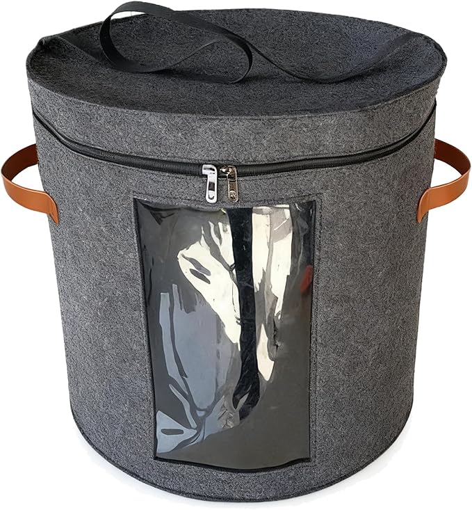 Varku Foldable Hat Storage Box, 18.9 x 16.5 in Felt Cowboy Hat Organizer, Large Capacity, Dustproof, Clear Window, Dual Zipper, Space Saving for Hats, Dark Gray