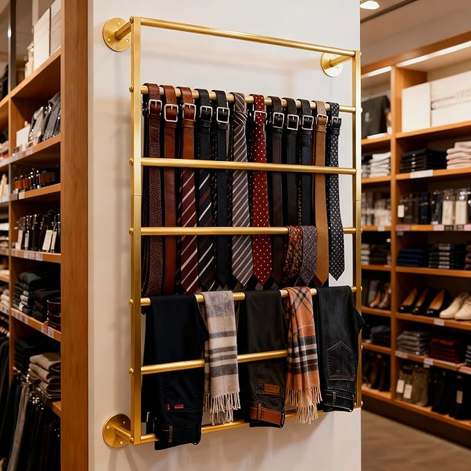 Wall Mounted Display Rack, 7-Layer Wrapping Paper Ribbon Organizer Scarves Tie & Scarf Rack Belts Towel Holder Necktie Hijab Stand Metal Shelving for Home, Retail Stores, Flower Shop