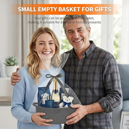 ShellKingdom Storage Basket with Handles, Empty Gift Basket with Gift Bags and Ribbon, Small Woven Baskets for Home, Nursery Storage Organizer, 12 X 8 X 5 INCH, Black