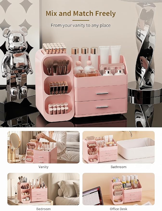 Booklov Makeup Organizer for Vanity, Large Capacity Cosmetic Display Case with Drawers, Countertop Beauty Storage Holder for Skincare, Brush Eyeliner Perfume Eyeshadow Lipsticks, Counter Desk, Pink