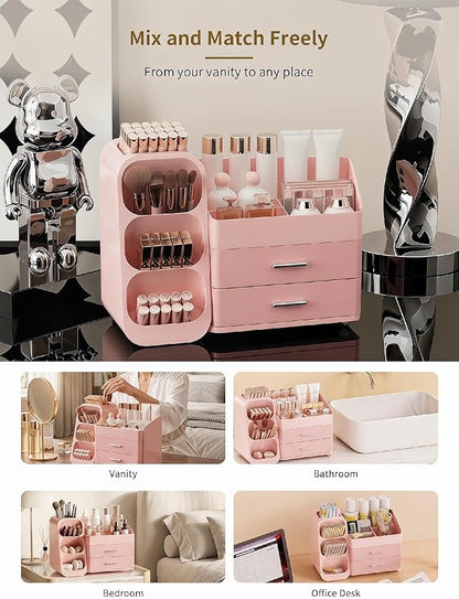 Booklov Makeup Organizer for Vanity, Large Capacity Cosmetic Display Case with Drawers, Countertop Beauty Storage Holder for Skincare, Brush Eyeliner Perfume Eyeshadow Lipsticks, Counter Desk, Pink