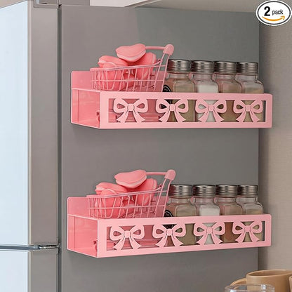 Beeveer 2 Pack Cute Bow Magnetic Spice Rack for Refrigerator Metal Magnet Basket Shelf for Fridge Seasoning Storage Organizers Home Decor Kitchen Accessories (Pink)