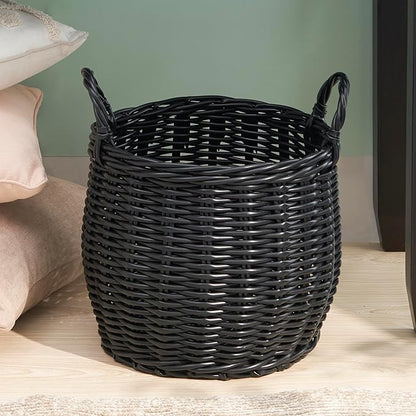Isidore Round Resin Woven Basket with Handles | Multi-Purpose Organizer for Halloween & Thanksgiving Storage, Laundry, and More (13" x 13" x 10.2" - Black)