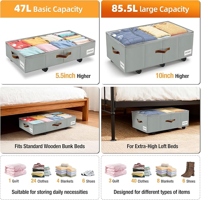 Under Bed Storage with Wheels,Underbed Storage with Sturdy Sidewalls/Bottom, Clear Cover, Label and PU Handle, Rolling Under Bed Drawers for Clothes, Shoes, 11 Inch Height,Grey, 2 Pack