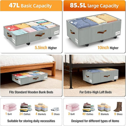 Under Bed Storage with Wheels,Underbed Storage with Sturdy Sidewalls/Bottom, Clear Cover, Label and PU Handle, Rolling Under Bed Drawers for Clothes, Shoes, 11 Inch Height,Grey, 2 Pack