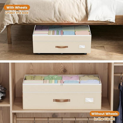 Budding Joy Under Bed Storage with Wheels 2Pack, 80L Height Adjustable Underbed Containers with Clear Lids, Rolling Under Bed Shoe Storage Organizer for Dorm Home Clothes, Blankets, Toys, Beige