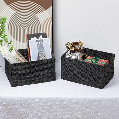 Vagusicc Wicker Storage Basket, Set of 2 Hand-Woven Paper Rope Wicker Basket, Small Storage Baskets for Organizing Toilet Paper Baskets, Foldable Large Cube Storage Organizer Bin for Shelves (Black)