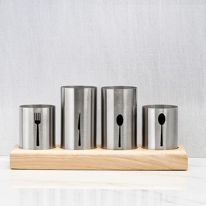 Sorbus Utensil Holder,Upright Silverware Holder with Caddy for Spoons, Knives and Forks, Entertaining,Stainless Steel Cutlery Organizer with Bamboo Wood Base