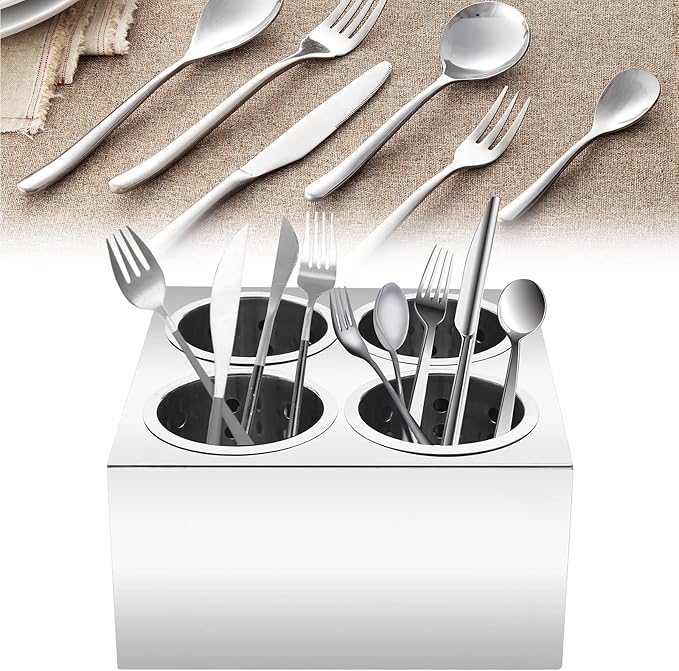 Commercial 4-Hole Flatware Cylinder Holder with Cups, 4-Compartment Stainless Steel Cylinder Flatware Silverware Caddy Utensil Holder Organizer Canddy Countertop for Restaurant Kitchen