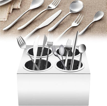 Commercial 4-Hole Flatware Cylinder Holder with Cups, 4-Compartment Stainless Steel Cylinder Flatware Silverware Caddy Utensil Holder Organizer Canddy Countertop for Restaurant Kitchen