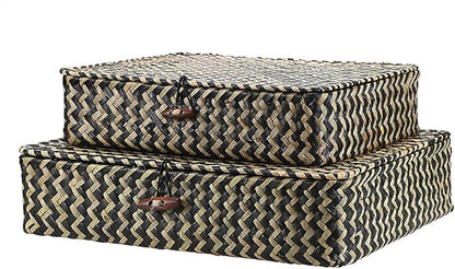 Hipiwe Woven Storage Basket with lid - Flat Wicker Storage Baskets Bins Natural Seagrass Storage Baskets Box for Shelf Home Decor, Set of 2, Blacks Strips