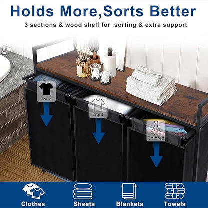 Whitmor Laundry Sorter, 138L Laundry Hamper with Shelf & 3 Removable Bags, 3 x 12.1 Gallons (46L), 36.4 x 13 x 28.4 Inches, Dirty Clothes Hamper Organizer for Laundry Room, Bathroom, Dorm, Black