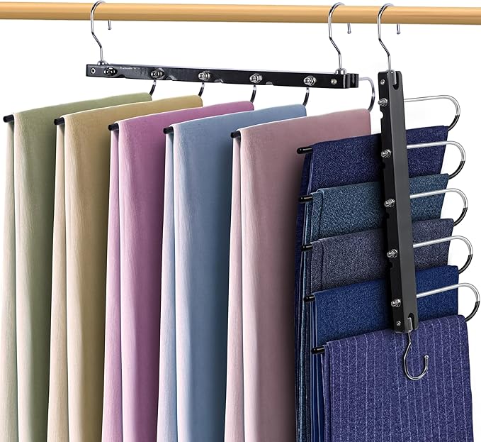 Whitmor Space Saving Pant Hangers, Foldable 5 Tier Closet Organizer with 360° Swivel Hook & Telescopic Rod, Vertical/Horizontal Hanging for Jeans, Scarves, Dorm, Travel, 2-Pack, Black