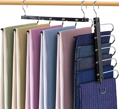 Whitmor Space Saving Pant Hangers, Foldable 5 Tier Closet Organizer with 360° Swivel Hook & Telescopic Rod, Vertical/Horizontal Hanging for Jeans, Scarves, Dorm, Travel, 2-Pack, Black