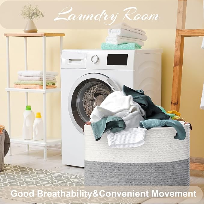 Large Cotton Rope Storage Basket with Leather Handles, Laundry Hamper Basket, 20 "L x 14" W x 12 "H, Durable & Stylish Organizer for Home.(Large Gray)