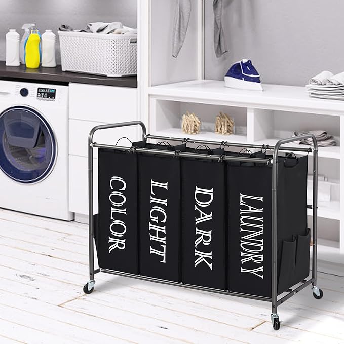 STORAGE MANIAC Laundry Sorter 4 Section, 47.8 Gal (181 L) Laundry Hamper with Wheels, Clothes Divider Basket Sorter, Clothes Separator Hamper Cart with Wheels and Removable Bags, Label Black