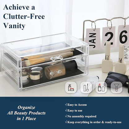 Sea Team Clear Makeup Organizer with Drawers, Acrylic Plastic Cosmetic Display Case, Jewelry Storage Box, Holder for Dresser, Bathroom, Vanity, Countertop (1 Large, 1 Middle Drawers)