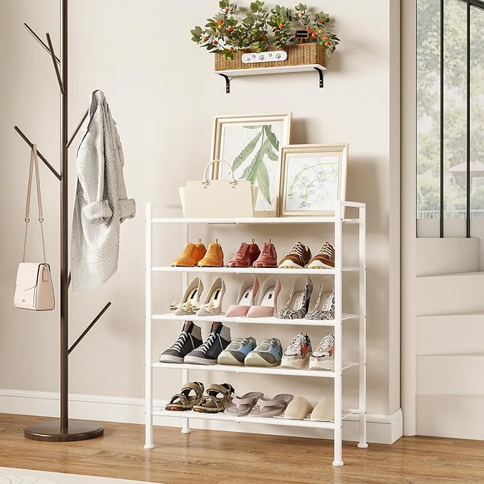 5 Tier Shoe Rack,Metal Shoe Storage Organizer Shelf for Closet,Entryway, Garage,Narrow Space(White, 5 Tier)
