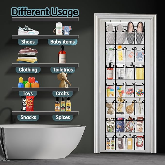Kotkn 28 Compartment Over the Door Shoe Organizer, Breathable Mesh Large Shoe Rack for Closet Storage, Space Saving Hanging Shoe Holder with Reinforced Hooks (Fits Men & Women,White-01)