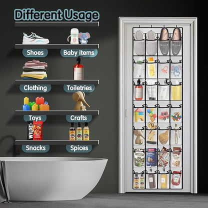 Kotkn 28 Compartment Over the Door Shoe Organizer, Breathable Mesh Large Shoe Rack for Closet Storage, Space Saving Hanging Shoe Holder with Reinforced Hooks (Fits Men & Women,White-01)