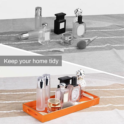 MAONAME Orange Vanity Tray, Plastic Decorative Tray, Rectangular Trays with Handles, Narrow Bathroom Trays for Toilet Tank, 13.8" X 6" X 1.57"