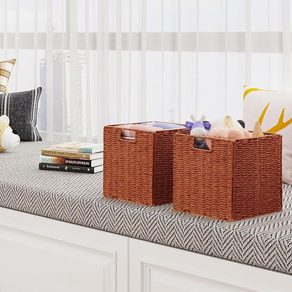 Vagusicc Wicker Storage Basket, Set of 2 Hand-Woven Paper Rope Wicker Baskets, Foldable Cube Storage Bins, 11 inch Storage Basket, Square Baskets for Organizing Shelves & Decor, Orange (11″×11″×11″)