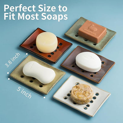 Soap Holder with Self Drain, Ceramic Soap Dishes for Bar, Shower, Japanese Soap Tray for Kitchen and Bathroom, Keep Sink Dry and Tidy, Red