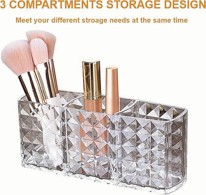 KNC 3 Compartment Acrylic Cosmetic Brushes Storage,Makeup Brush Holder Organizer,Perfect Bathroom Vanity Storage Solution for Makeup Brushes,Eyebrow Pencils,Lipsticks,Nail Polishes, and More