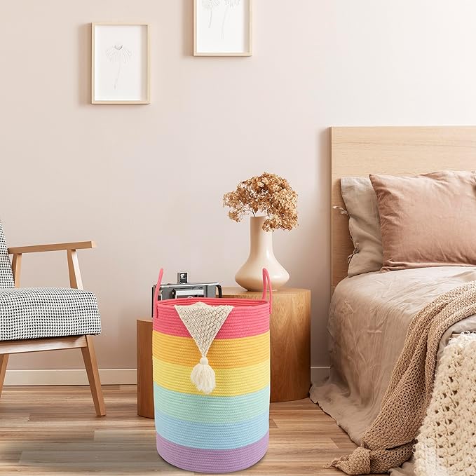 Woven Cotton Rope Laundry basket-16”X22” Laundry Hamper-Rope Storage Basket for Dirty Clothes, Toys and Blankets Perfect for Bathroom, Baby nursery and Living Room Storage (rainbow, Large)