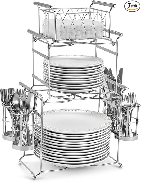 Sorbus Buffet Caddy — 7-Piece Stackable Set Includes Plate, Napkin, and Silverware Holder, 3-Tier Detachable Tabletop Organizer Ideal for Kitchen, Dining, Entertaining, Parties, Thanksgiving (Silver)