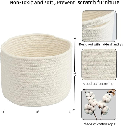 XUANGUO Woven Cotton Storage Baskets - 3-Pack Round Bins (10x10x7'') for Shelves, Closets & Bookcases | Durable Rope Organizers for Nursery, Baby, Toys, Easter & More (white)