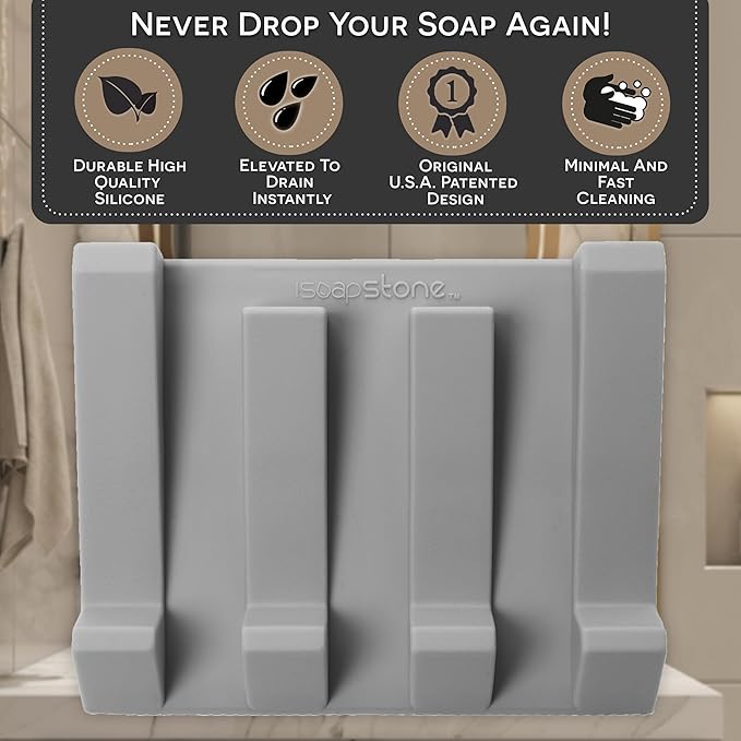 Silicone Soap Dish (USA Patented) Self Draining Bar Soap Holder for Shower Bathroom Sink, Drying Soap Dish Tray Kitchen Sponge Holder Easy Cleaning Soap Saver Mat (Light Grey, 2)