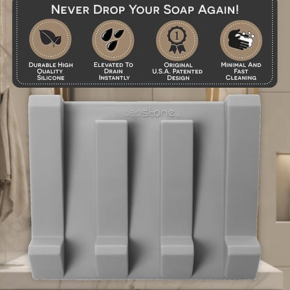 Silicone Soap Dish (USA Patented) Self Draining Bar Soap Holder for Shower Bathroom Sink, Drying Soap Dish Tray Kitchen Sponge Holder Easy Cleaning Soap Saver Mat (Light Grey, 1)