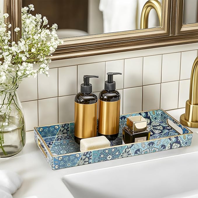 MAONAME Plastic Vanity Tray, Bathroom Counter Tray, Decorative Trays with Handles, Storage Dresser Trays Organizer for Toilet Tank, Jewelry, Makeup, 13.8" x 6" x 1.57"