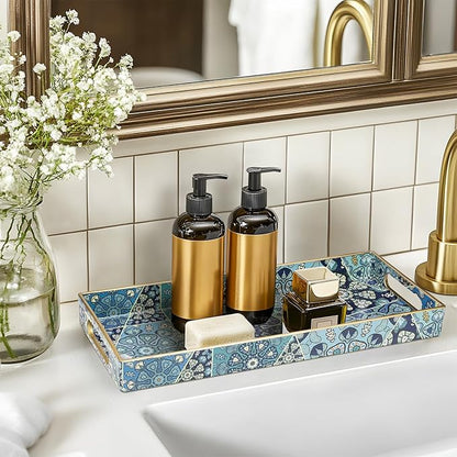 MAONAME Plastic Vanity Tray, Bathroom Counter Tray, Decorative Trays with Handles, Storage Dresser Trays Organizer for Toilet Tank, Jewelry, Makeup, 13.8" x 6" x 1.57"