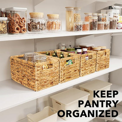 SpaceAid 4 Pack Wicker Basket, Storage Baskets for Organizing, Woven Rattan Basket with Handles for Shelves, Water Hyacinth Large Cube Organizer Storage Bin, 13x8.2x7 inch, Natural