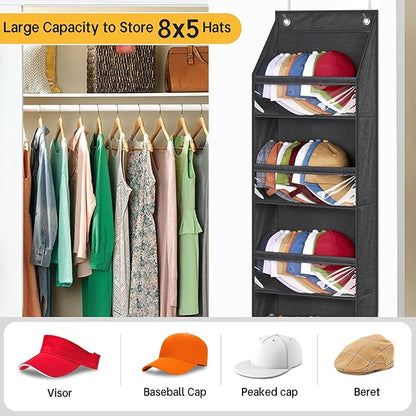 SLEEPING LAMB Narrow Door Hat Organizer for Baseball Caps, Baseball Hat Rack for Closet/Wall Hold 40 Hats Storage Holder Clear Hat Display (Black)