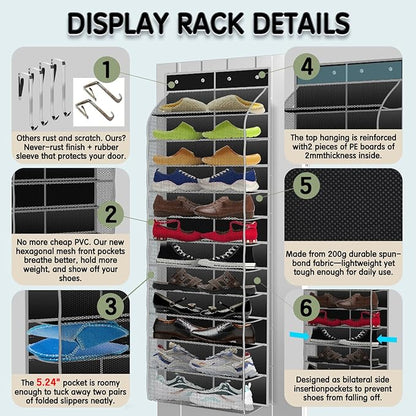 Kotkn Over The Door Shoe Organizer with 12 Large Breathable Pockets - Durable Hanging Storage for the Entire Family's Shoes (Black)