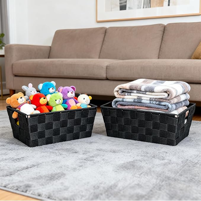 Black Storage Baskets for Shelves, Woven Shelf Baskets for Organizing, Small Strap Organizer Basket for Bathroom Storage, Set of 4