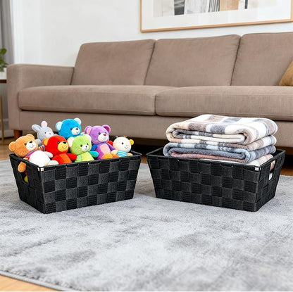 Black Storage Baskets for Shelves, Woven Shelf Baskets for Organizing, Small Strap Organizer Basket for Bathroom Storage, Set of 4