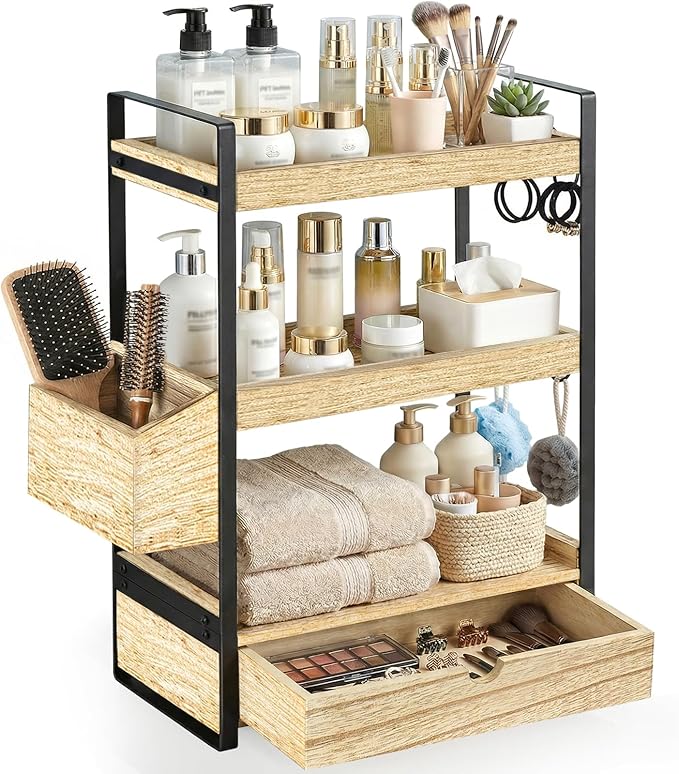 3-Tier Bathroom Counter Organizer with Drawer Basket and Hooks, Wood Bathroom Organizers and Storage for Countertop, Farmhouse Brown Countertop Organizer, Counter Shelf for Vanity, Kitchen,Office
