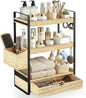 3-Tier Bathroom Counter Organizer with Drawer Basket and Hooks, Wood Bathroom Organizers and Storage for Countertop, Farmhouse Brown Countertop Organizer, Counter Shelf for Vanity, Kitchen,Office