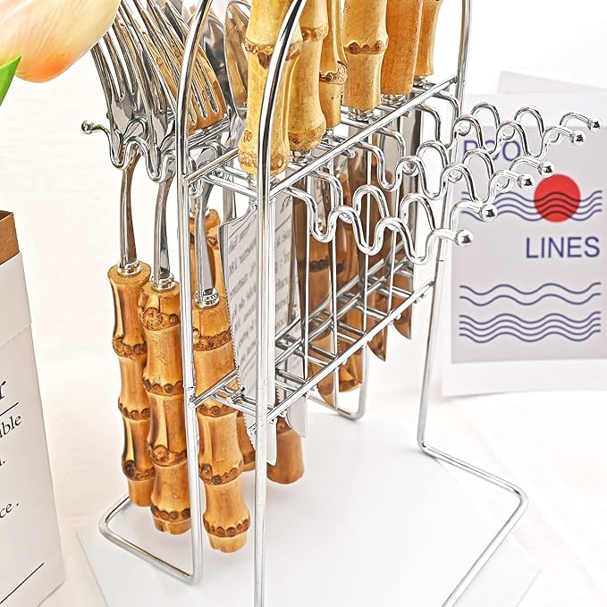 24-Piece Bamboo Flatware Set, Silver Stainless Steel Tableware Set With Cutlery Holder, Kitchen Utensils For Home And Restaurant Daily Use, Mirror Polish, Service For 6