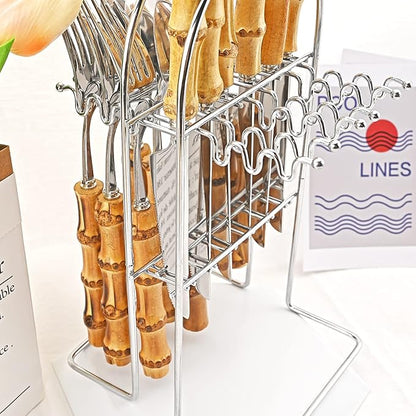 24-Piece Bamboo Flatware Set, Silver Stainless Steel Tableware Set With Cutlery Holder, Kitchen Utensils For Home And Restaurant Daily Use, Mirror Polish, Service For 6