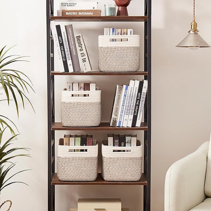 OIAHOMY 4 Pack Storage Baskets for Organizing, Basket for Shelves with Handle, Woven Baskets for Storage Toys, Towels, Books, Cotton Rope Basket 13" L x 9 " W x 7.8 " H, Deep Brown & White